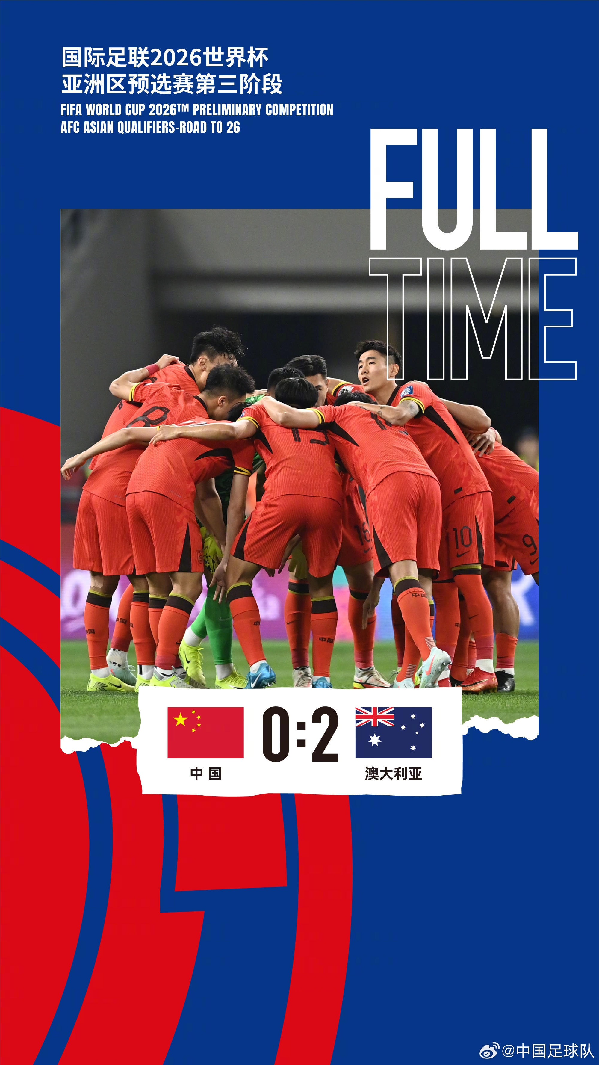 美加墨世界杯亚洲区预选赛第三阶段第八轮，中国队0-2澳大利亚队